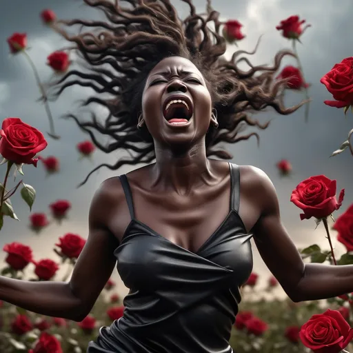 Prompt: RAW photo, (high detailed skin:1.2), 8k uhd, dslr, soft lighting, high quality, film grain, Fujifilm XT3, photorealistic image, Powerful screaming gorgeous african very black lady South Sudanese, in a flying heroic pose, full hair made of roses in a form of a tornado from top of the image to the head of the gorgeous lady. Dressed with leather sectioned futuristic x-men clothes, with white hair flowing. With gold necklace like african girafe woman.