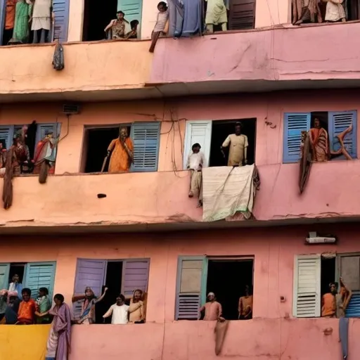 Prompt: Indians living in crowded quarters waving from a building window