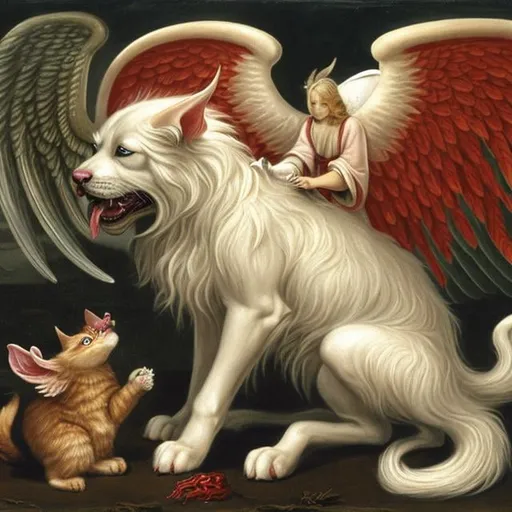 Prompt: God dog with angel wings, eating devil horned cat,