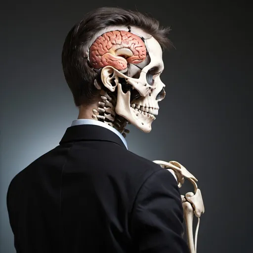 Prompt: professional photograph, Skeleton, with anatomical accuracy, from the back looking over the shoulder to the camera, well lit, spinal cord and brain are visible, 