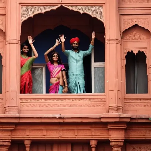 Prompt: indian people waving in building window