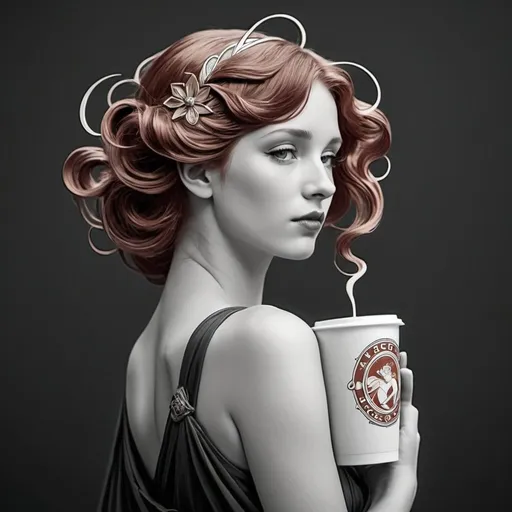 Prompt: art deco logo - Savor the taste of elegance at La Belle Coffee Shop! - with red haired girl flowing in the wind, from back looking for the sky - in art nouveau style - colors: #95C7A8, #C7B495, #B195C7 - girl inside branded logo