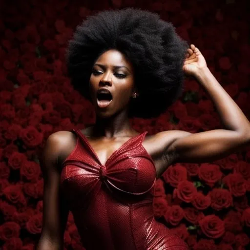 Prompt: Powerful screaming gorgeous african black lady + heroic pose + using red party bag + hair made of roses in a form of an inverted pyramid from top of the image to the head of the gorgeous lady. 