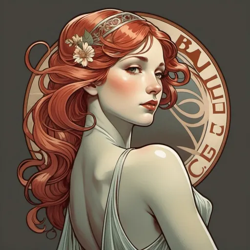 Prompt: art deco logo - Savor the taste of elegance at La Belle Coffee Shop! - with red haired girl flowing in the wind, from back looking for the sky - in art nouveau style - colors: #95C7A8, #C7B495, #B195C7 - 