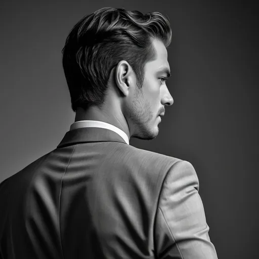 Prompt: RAW photo, (high detailed skin:1.2), 8k uhd, dslr, soft lighting, high quality, film grain, Fujifilm XT3,
photorealistic image, man professional model portrait, in a suit, professional photograph from the back looking over the shoulder,
black and white picture, no background