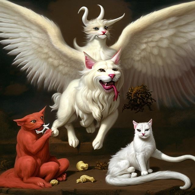 Prompt: God dog with angel wings, eating devil horned cat,