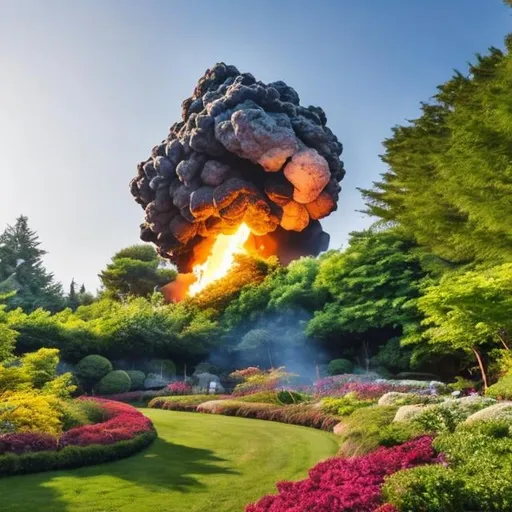 Prompt: meteor crashing in a garden full of trees in a clear sunny sky