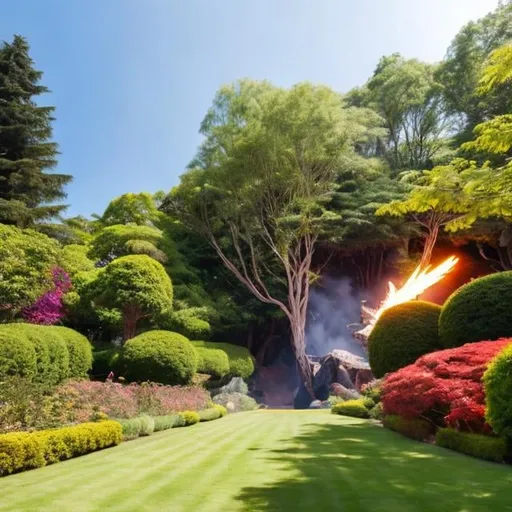 Prompt: meteor crashing in a garden full of trees in a clear sunny sky