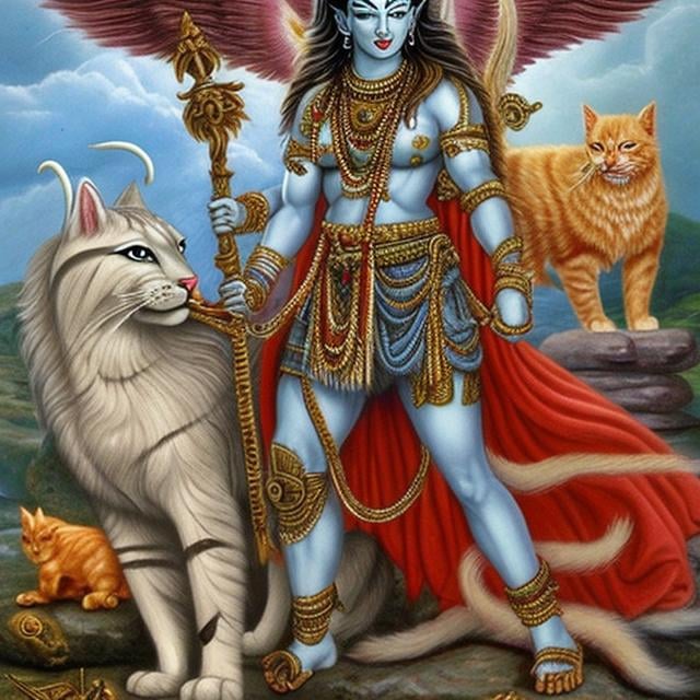 Prompt: God shiva female warrior and God dog with angel wings eating devil horned cat