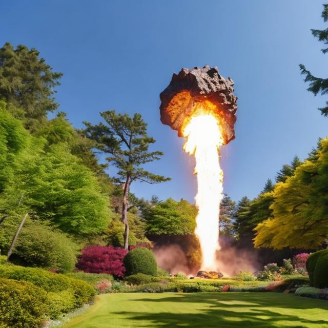 Prompt: meteor crashing in a garden full of trees in a clear sunny sky