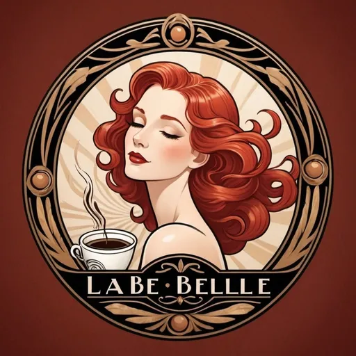 Prompt: art deco logo - Savor the taste of elegance at La Belle Coffee Shop! - with red haired girl flowing in the wind - in art nouveau style