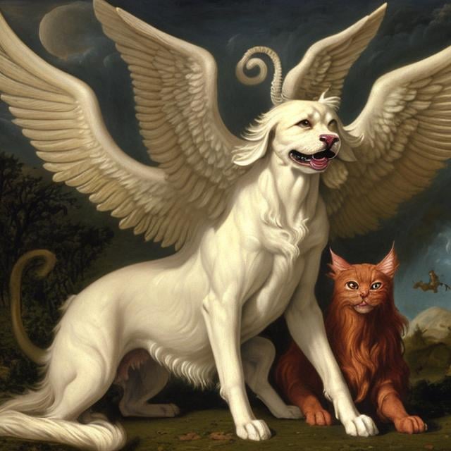 Prompt: God dog with angel wings, eating devil horned cat,