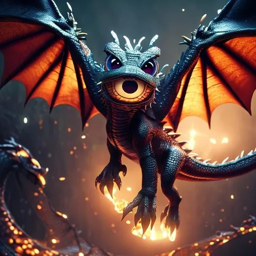 Prompt: 6 wings, 4 cute big circular reflective eyes, 3d dragon, hyper realistic, big plan, cute and adorable, Pixar render, Unreal Engine cinematic smooth, intricate detail, cinematic