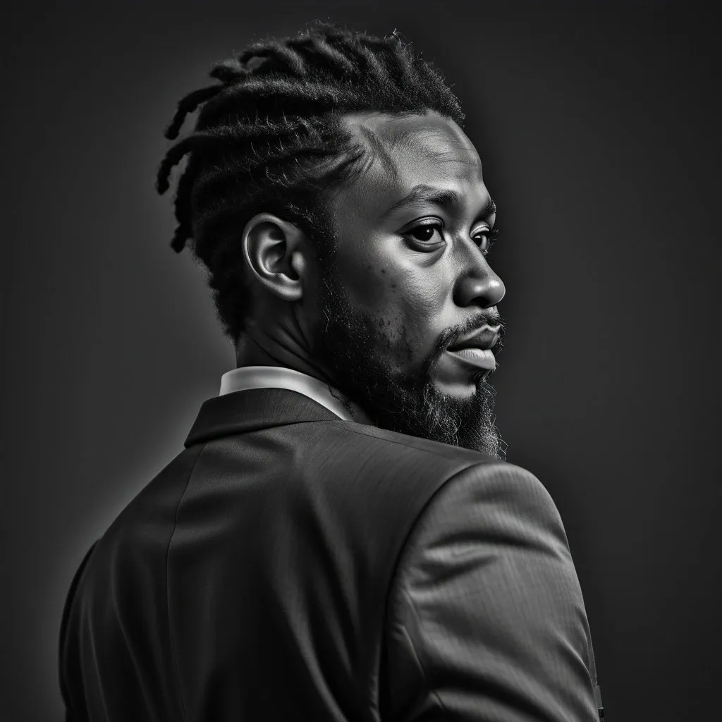 Prompt: RAW photo, (high detailed skin:1.2), 8k uhd, dslr, soft lighting, high quality, film grain, Fujifilm XT3,
photorealistic image, bearded rasta black man professional model portrait, in a black suit, professional photograph from the back looking over the shoulder to the camera,
black and white picture, no background