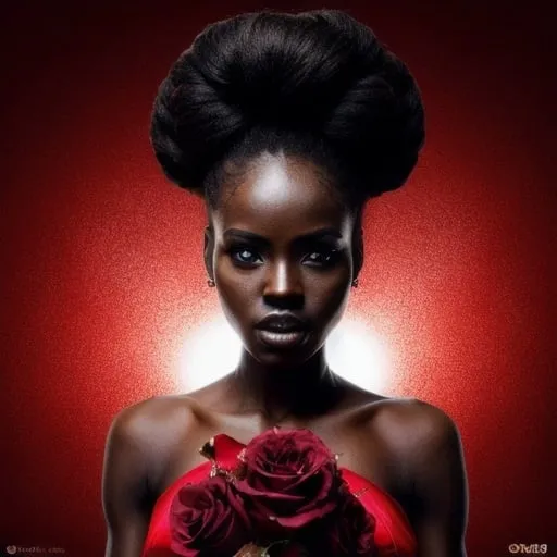 Prompt: Powerful screaming gorgeous african black lady (South Sudanese) + heroic pose + using red party bag + hair made of roses in a form of an inverted pyramid from top of the image to the head of the gorgeous lady. 