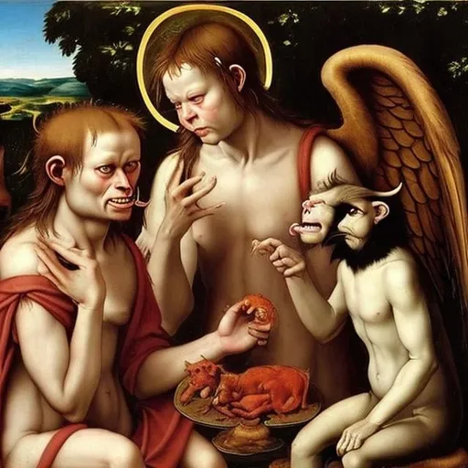 Prompt: God cat with angel wings eating devil horned decapitated bloody chimp, 1500 renaissance painting style