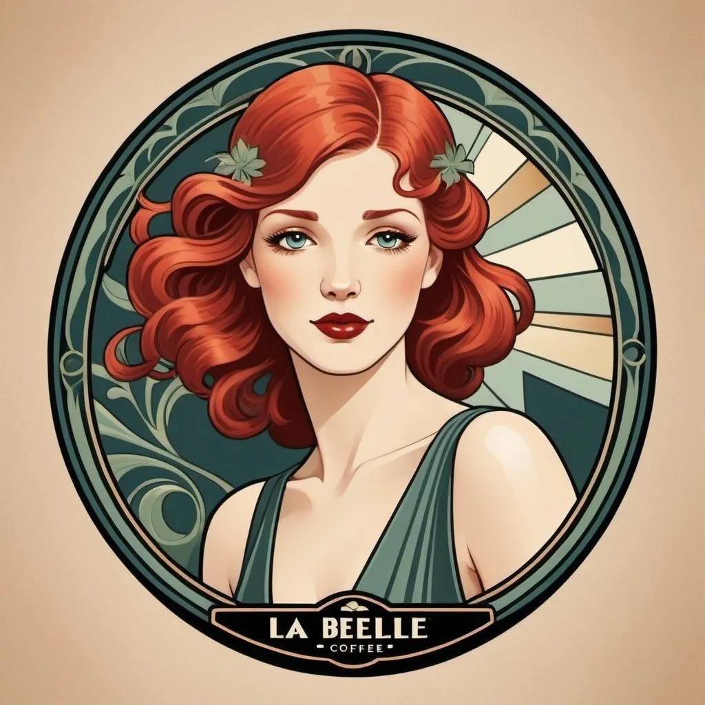 Prompt: art deco logo - Savor the taste of elegance at La Belle Coffee Shop! - with red haired girl flowing in the wind - in art nouveau style - colors: #95C7A8, #C7B495, #B195C7