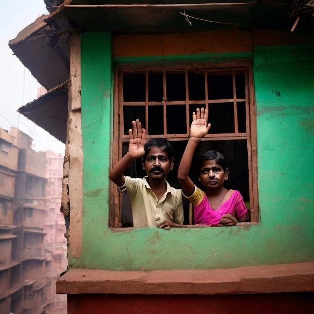 Prompt: Indians living in crowded quarters waving from a window