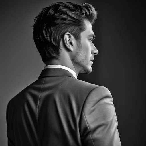 Prompt: RAW photo, (high detailed skin:1.2), 8k uhd, dslr, soft lighting, high quality, film grain, Fujifilm XT3,
photorealistic image, man professional model portrait, in a suit, professional photograph from the back looking over the shoulder,
black and white picture, no background