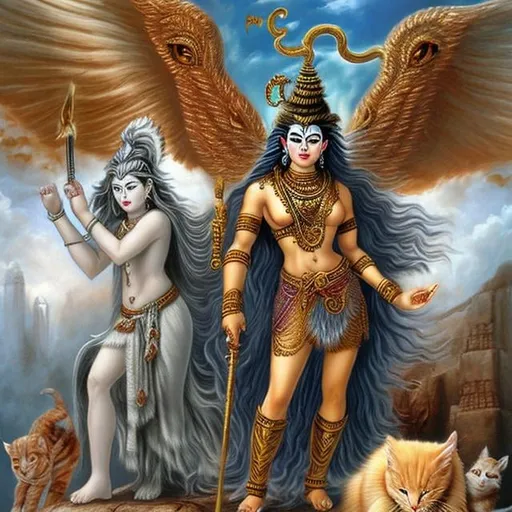 Prompt: God shiva female warrior and God dog with angel wings eating devil horned cat