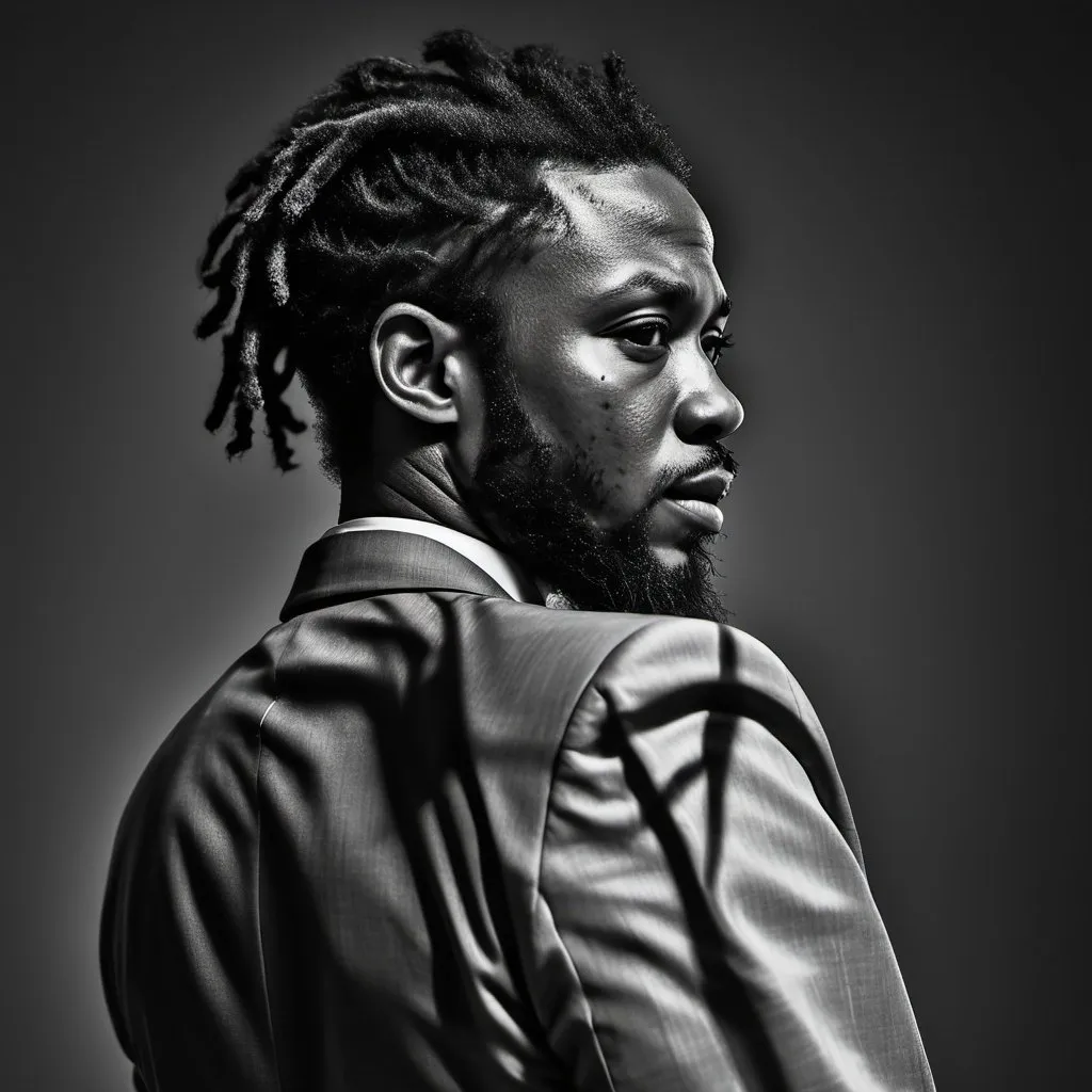 Prompt: RAW photo, (high detailed skin:1.2), 8k uhd, dslr, soft lighting, high quality, film grain, Fujifilm XT3,
photorealistic image, bearded rasta black man professional model portrait, in a black suit, professional photograph from the back looking over the shoulder to the camera,
black and white picture, no background