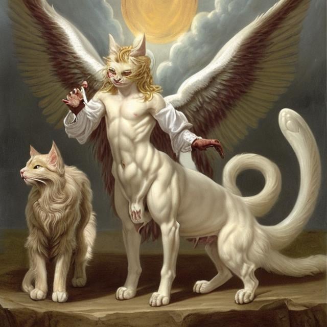 Prompt: God dog with angel wings, eating devil horned cat,