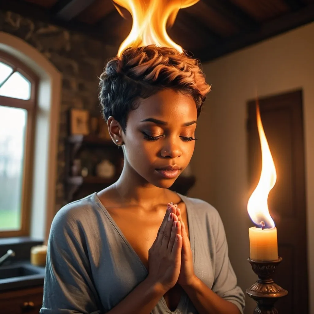 Prompt: Pixie hairstyle black girl praying with fire around her in a beautiful house