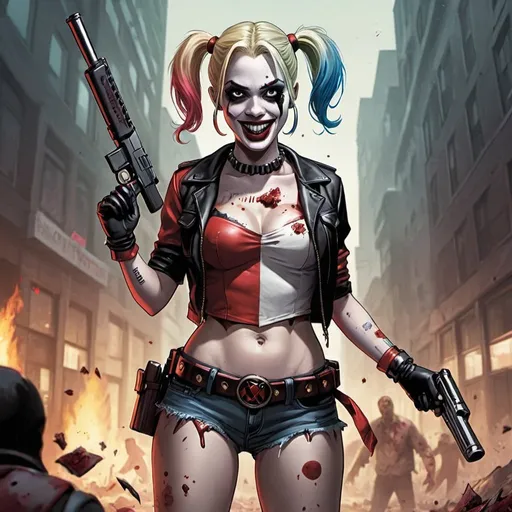 Prompt: Harley Quinn killing zombies 