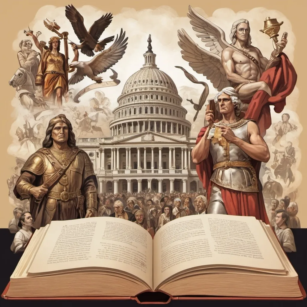 Prompt: Create an illustration that represents "books, major debates, history and culture that have shaped ways of life and belief in Western civilization


