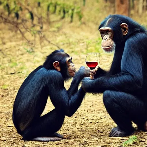 Prompt: chimpanzes with a bottle of wine drinking red wine and saying cheers and raising their glass together in a beautiful forest