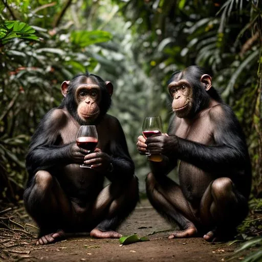Prompt: Happy chimpanzes drinking red wine and having fun in a beautiful rainforest, realistic image