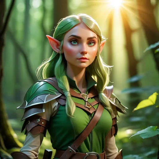 Prompt: Elf ranger in a mystical forest around sunlight