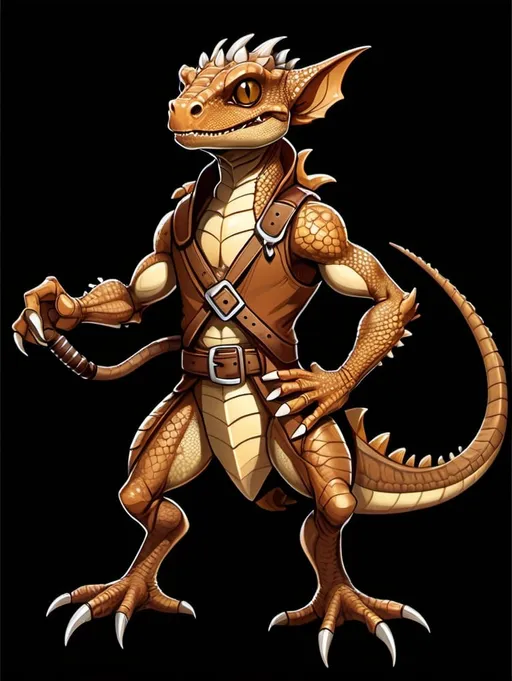 Prompt: Cute cartoon illustration of a  brown reptilian kobold, cartoon, brown belt, detailed scales,  high quality, detailed cartoon, warm tones, mischievous personality, unique character design