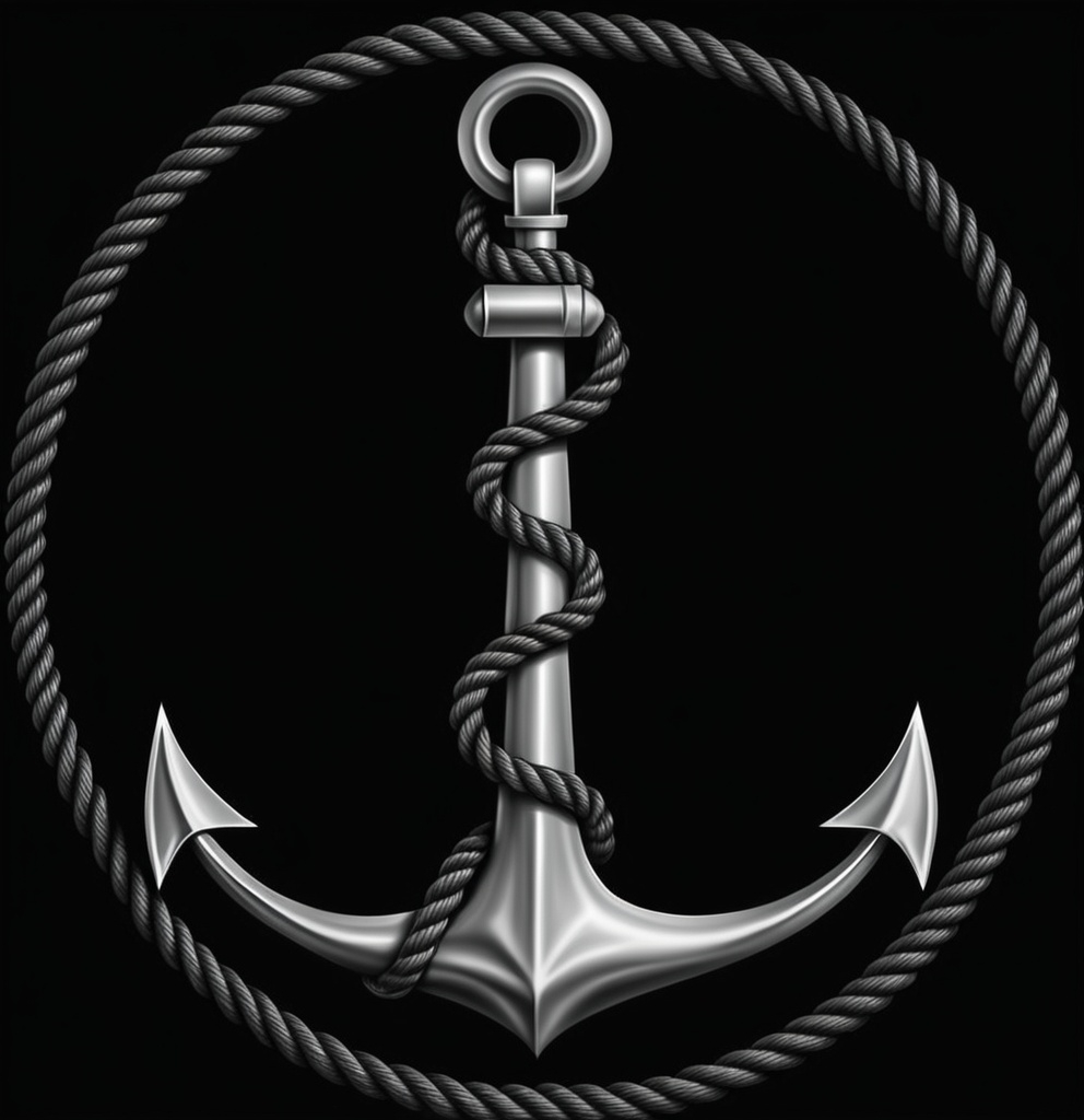 Prompt: an anchor with a rope around it on a black background illustration of a rope and an anchor on a black background, A.D.M. Cooper, symbolism, logo, a tattoo