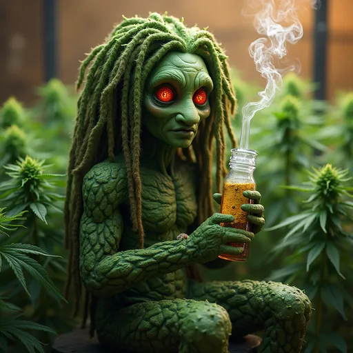 Prompt: Humanoid cannabis character, dreadlocks made from vibrant green cannabis leaves, striking red eyes, holding a glass bong with both hands, smoke wafting in the air, relaxed ambiance, high-quality indoor hydroponic setting, warm lighting creating a cozy atmosphere, rich detail, ultra-detailed, fantasy art style.