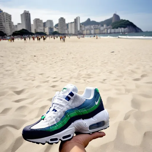 Prompt: Copacabana beach, Rio, Air Max 95, building, sea, Palm, shoes