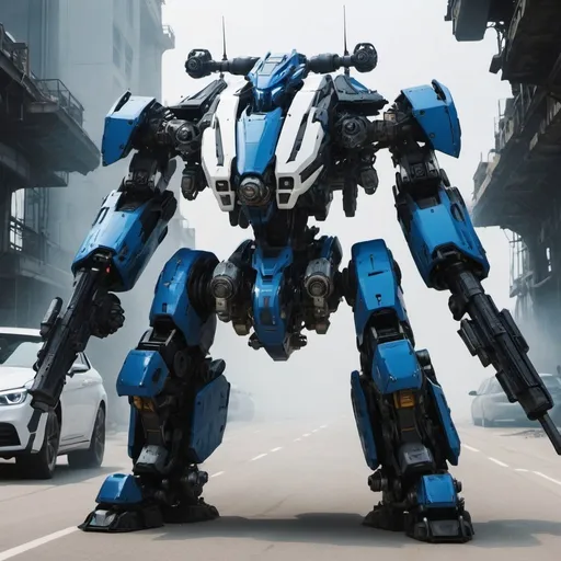 Prompt: Blue black white mech size two cars with weapons on shoulders


