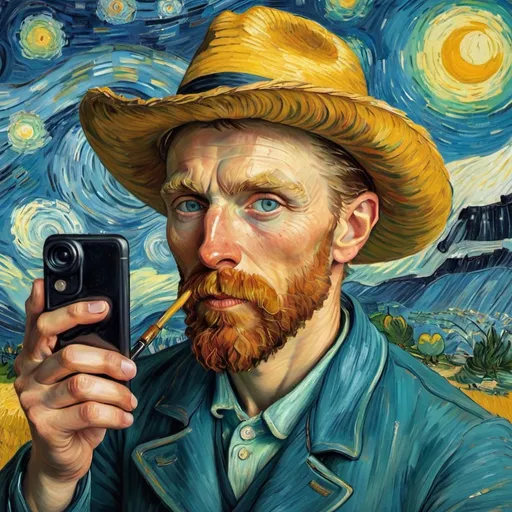 Prompt: portrait of hipster vincent van gogh taking a selfie, oil painting by vincent van gogh
