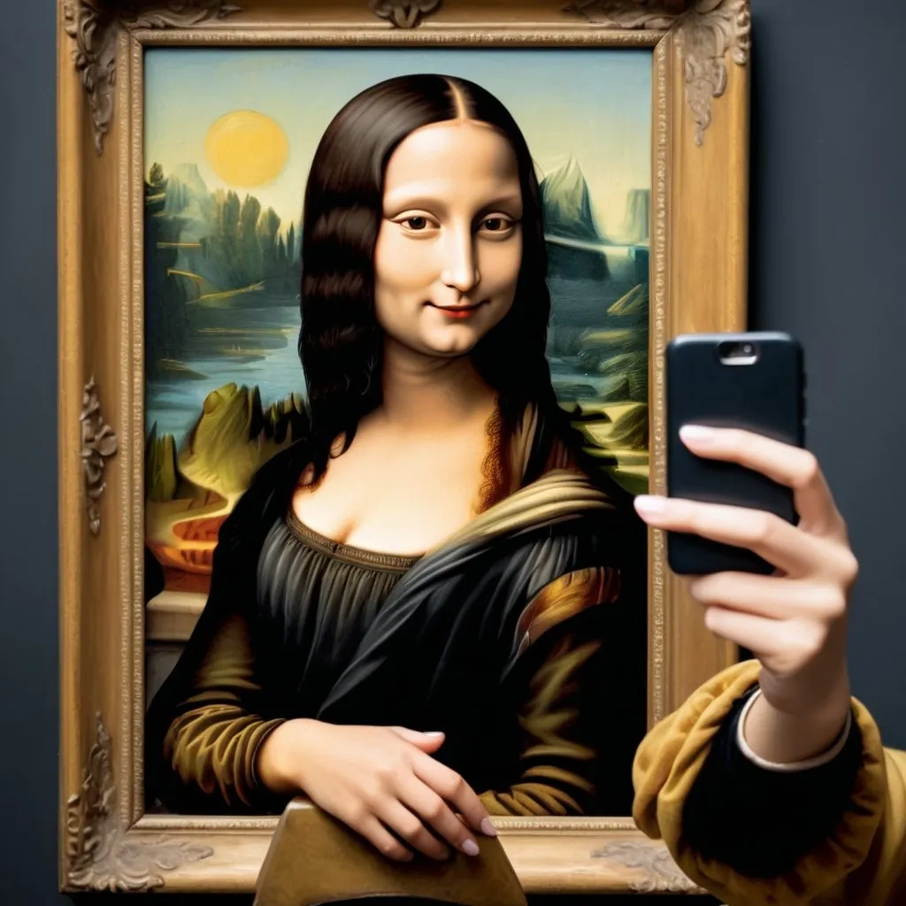 Prompt: portrait of  Mona Lisa taking a selfie, oil painting by leonardo da vince 