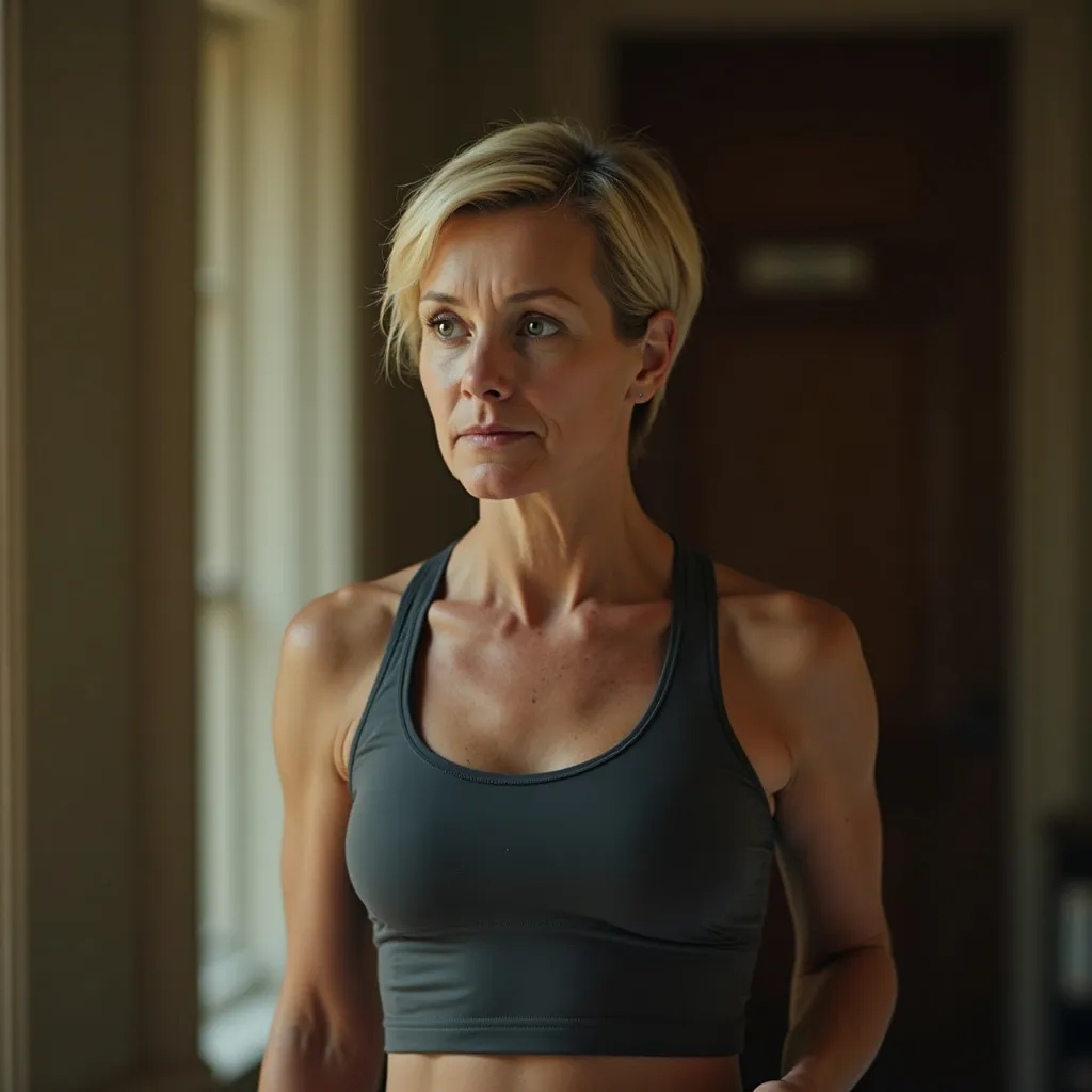 Prompt: a midday closeup of a small older athletic woman with short blonde hair walking through a mansion. cinematic.