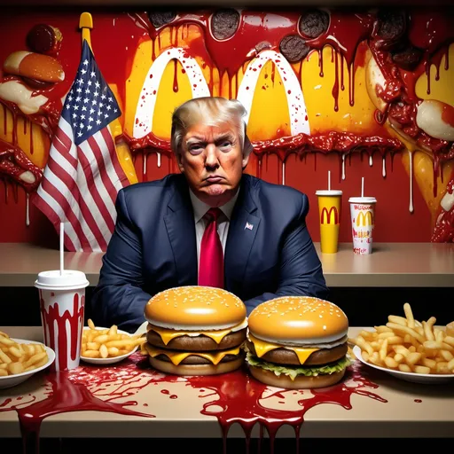 Prompt: (U.S. Democracy as a McDonald's), (Donald Trump inside), surreal concept, vibrant colors, humorous ambiance, ketchup splatters on walls, fast-food vibes, iconic McDonald's logos, cozy yet chaotic atmosphere, high detail, 4K quality, whimsical and satirical, unexpected blend of politics and fast-food culture, commentary on consumerism, insightful visual metaphor.