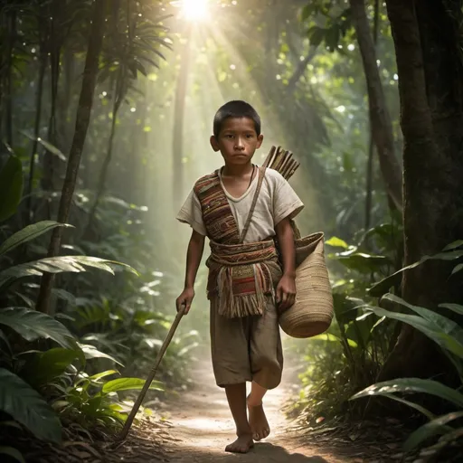 Prompt: The image depicts a young Mayan boy, no older than 10, clad in traditional clothing made of woven cloth. He carries a small woven bag over his shoulder and a wooden staff in his hand. The light from the setting sun casts long shadows on the dense jungle foliage, creating an air of mystery and adventure. The boy's determined expression suggests he is on a mission, perhaps to gather herbs for his family or to seek guidance from a wise elder.