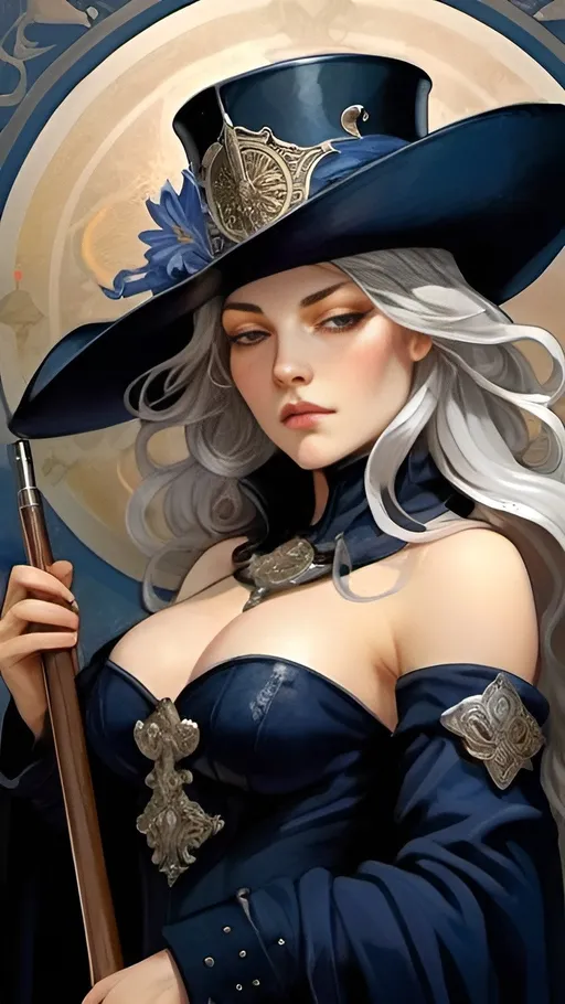 Prompt: Create a stunning portrait of an elegant warrior woman from the Napoleonic era. She wears a long dark blue coat adorned with intricate lily symbols, symbolizing grace and strength. With long flowing wavy silver hair cascading down her shoulders, she dons a black tricorne hat, adding an air of mystery and authority. In her hands, she holds an old rifle, poised for battle. The scene exudes a sense of determination and courage amidst the chaos of war. Capture the woman's regal demeanor and fierce resolve as she stands ready to face any challenge. Big chests, lady maria of the astral clolcktower, cleavage 