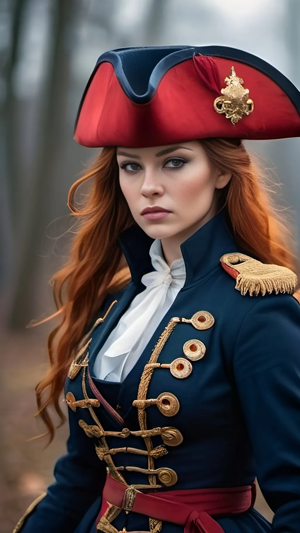 Prompt: Create a stunning portrait of an elegant warrior woman from the Napoleonic era. She wears a long dark blue coat adorned with intricate lily symbols, symbolizing grace and strength. With long flowing red hair cascading down her shoulders, she dons a black tricorne hat, adding an air of mystery and authority. In her hands, she holds an old rifle, poised for battle. The scene exudes a sense of determination and courage amidst the chaos of war. Capture the woman's regal demeanor and fierce resolve as she stands ready to face any challenge.