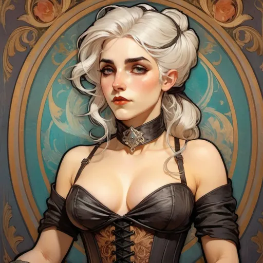 Prompt: Ciri from witcher wearing skinny corset portrayed in Henri de Toulouse-Lautrec style. High quality, masterpiece, smooth colors, gorgeous, warrior, baroque inspired, goth, big chests