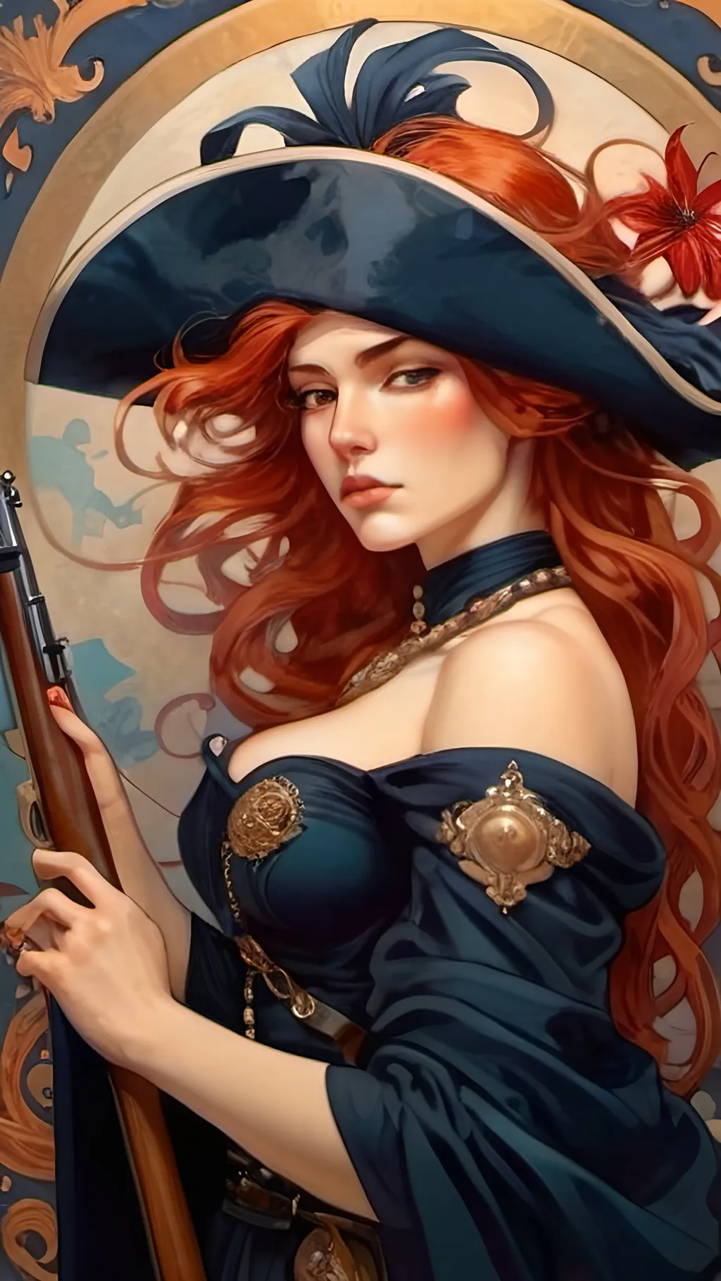 Prompt: Create a stunning portrait of an elegant warrior woman from the Napoleonic era. She wears a long dark blue coat adorned with intricate lily symbols, symbolizing grace and strength. With long flowing wavy red hair cascading down her shoulders, she dons a black tricorne hat, adding an air of mystery and authority. In her hands, she holds an old rifle, poised for battle. The scene exudes a sense of determination and courage amidst the chaos of war. Capture the woman's regal demeanor and fierce resolve as she stands ready to face any challenge. Big chests