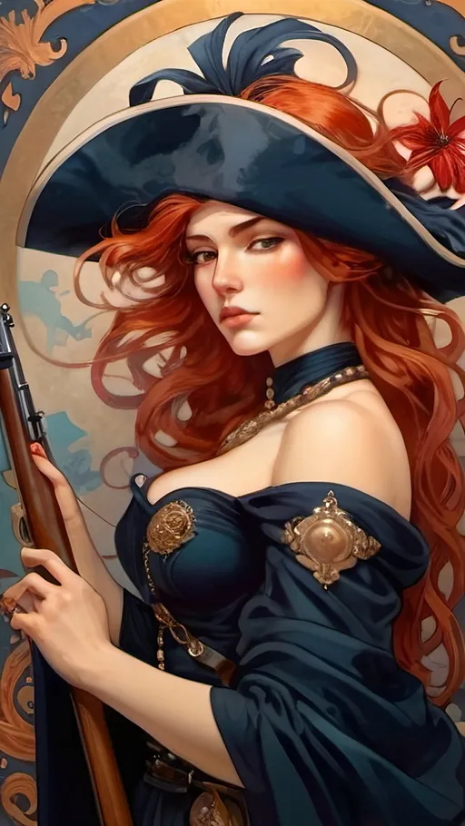 Prompt: Create a stunning portrait of an elegant warrior woman from the Napoleonic era. She wears a long dark blue coat adorned with intricate lily symbols, symbolizing grace and strength. With long flowing wavy red hair cascading down her shoulders, she dons a black tricorne hat, adding an air of mystery and authority. In her hands, she holds an old rifle, poised for battle. The scene exudes a sense of determination and courage amidst the chaos of war. Capture the woman's regal demeanor and fierce resolve as she stands ready to face any challenge. Big chests