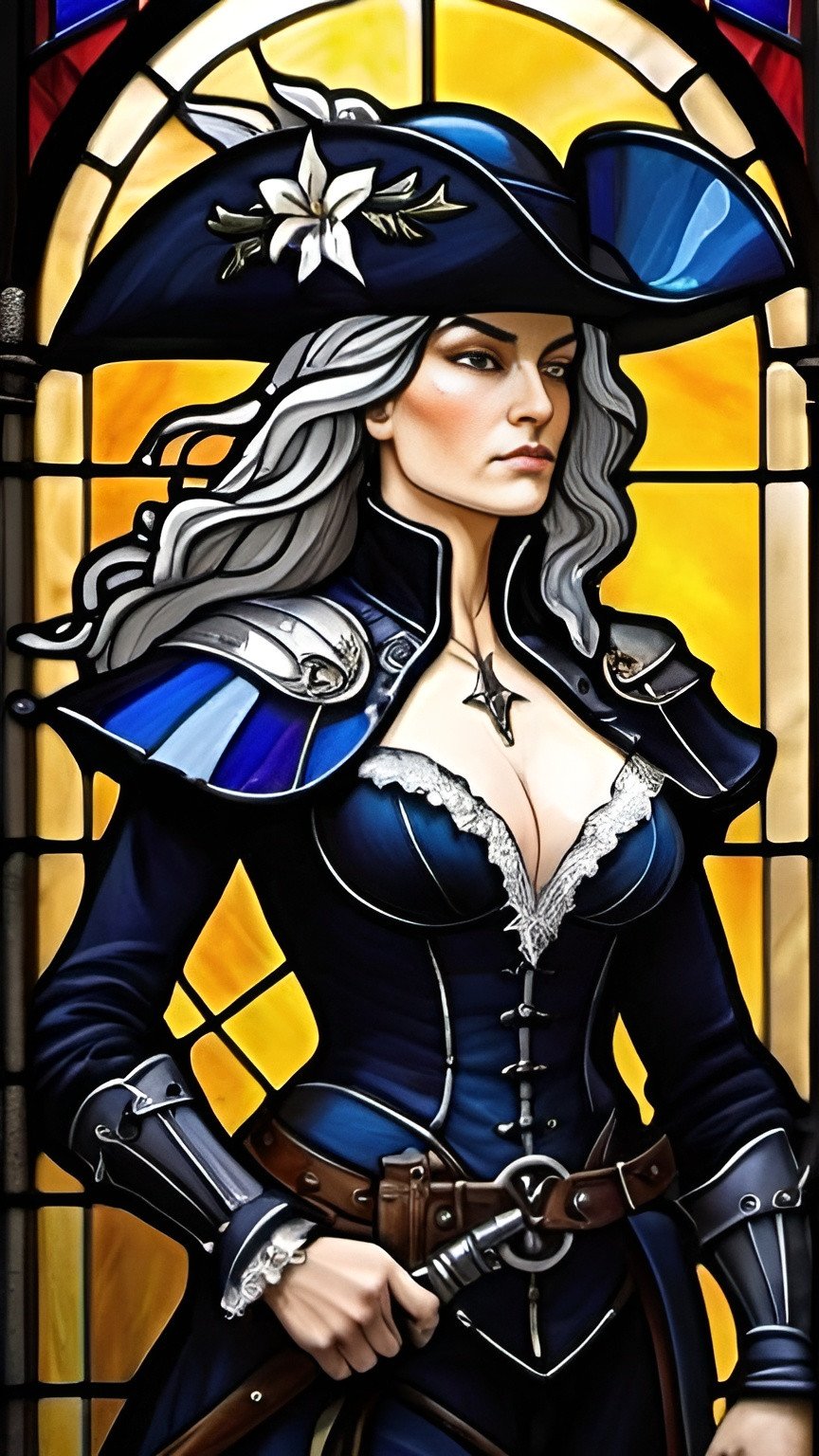 Prompt: Create a stunning portrait of an elegant warrior woman from the Napoleonic era. She wears a long dark blue coat adorned with intricate lily symbols, symbolizing grace and strength. With long flowing wavy silver hair cascading down her shoulders, she dons a black tricorne hat, adding an air of mystery and authority. In her hands, she holds an old rifle, poised for battle. The scene exudes a sense of determination and courage amidst the chaos of war. Capture the woman's regal demeanor and fierce resolve as she stands ready to face any challenge. Big chests, lady maria of the astral clolcktower, cleavage 