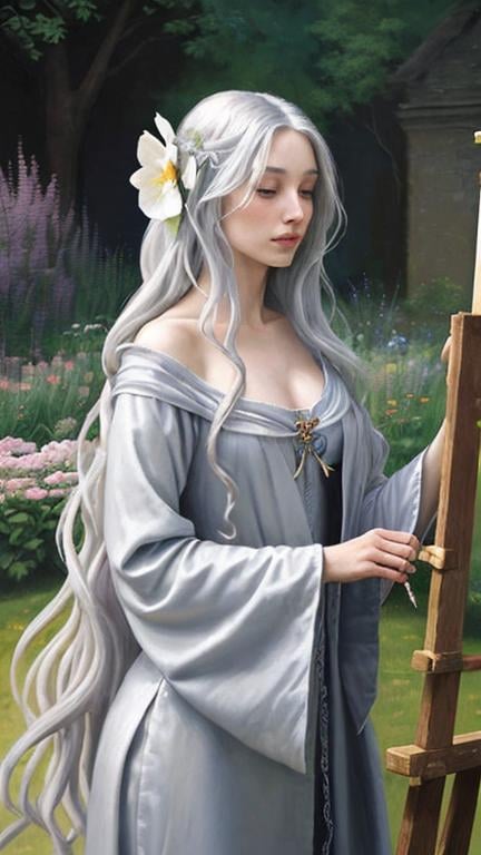 Prompt: A woman making magical oilpainting, very long hairs, medieval, oilpaint, making painting in a garden, flovers, magician robe, elegant woman, wavy silver hair