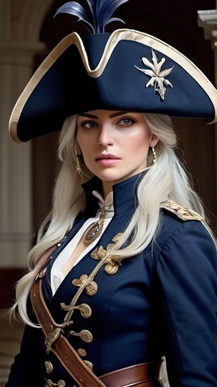 Prompt: Create a stunning portrait of an elegant warrior woman from the Napoleonic era. She wears a long dark blue coat adorned with intricate lily symbols, symbolizing grace and strength. With long flowing wavy silver hair cascading down her shoulders, she dons a black tricorne hat, adding an air of mystery and authority. In her hands, she holds an old rifle, poised for battle. The scene exudes a sense of determination and courage amidst the chaos of war. Capture the woman's regal demeanor and fierce resolve as she stands ready to face any challenge. Big chests, lady maria of the astral clolcktower